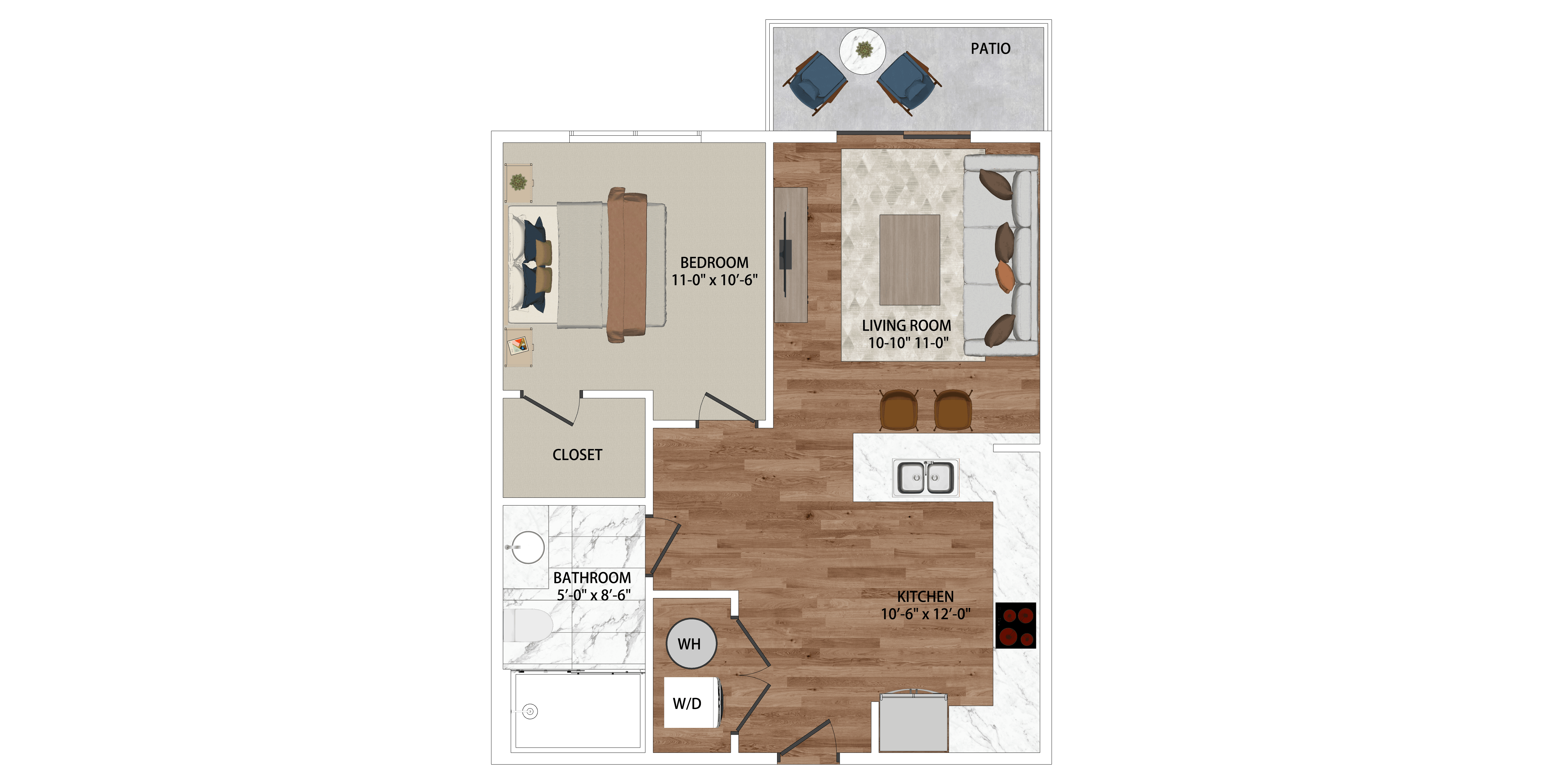 Floor plan for 1 bed, 1 bath, 629 sqft